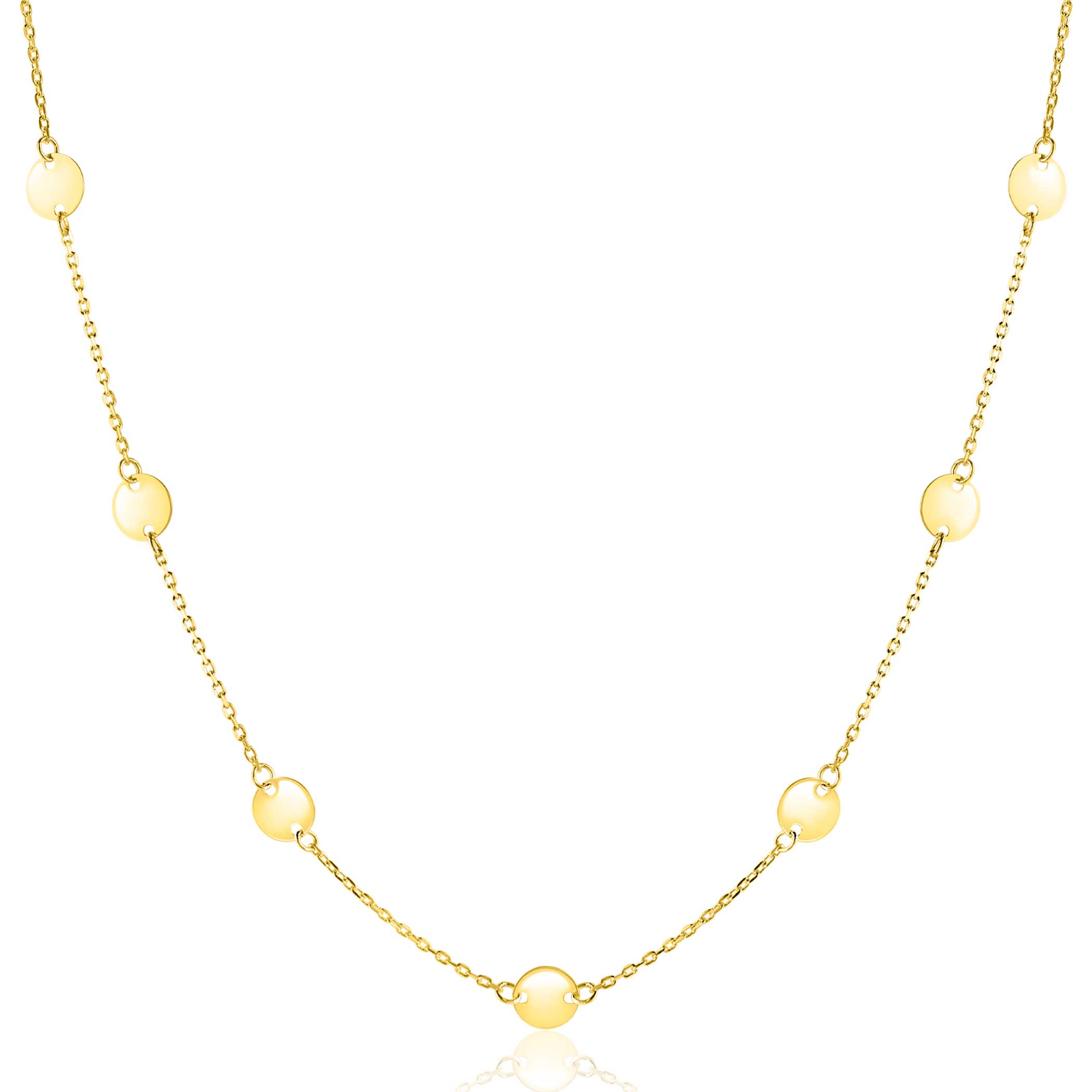 ZINZI Gold 14 krt gouden ketting met subtiele jasseron schakels en negen ronde gladde plaatjes 5mm breed 42-45cm ZGC503
