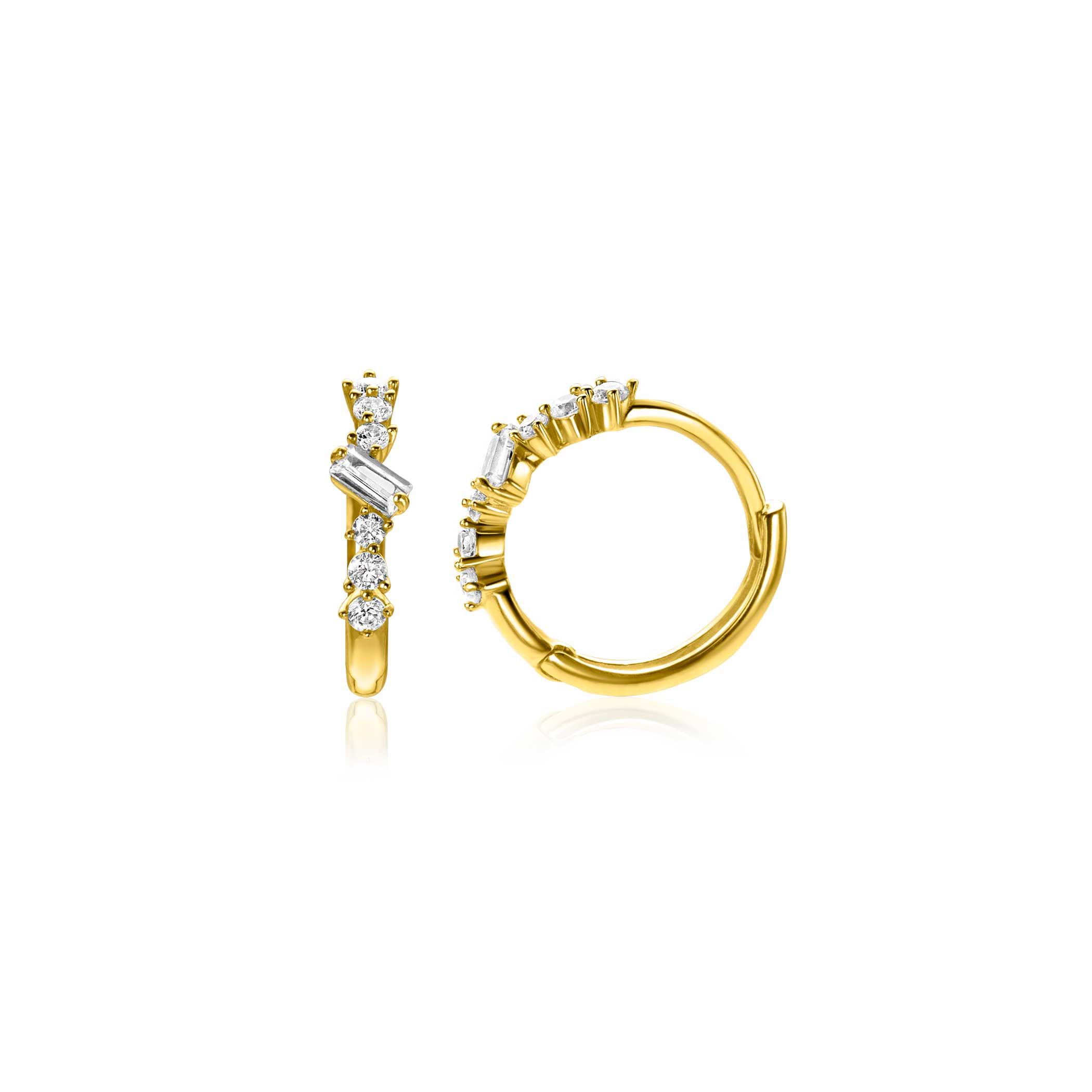 13mm ZINZI Gold 14 krt gouden oorringen met rechthoekige baguette geslepen zirkonia en zes ronde witte zirkonia's, met luxe klapsluiting 13 x 2mm ZGO528