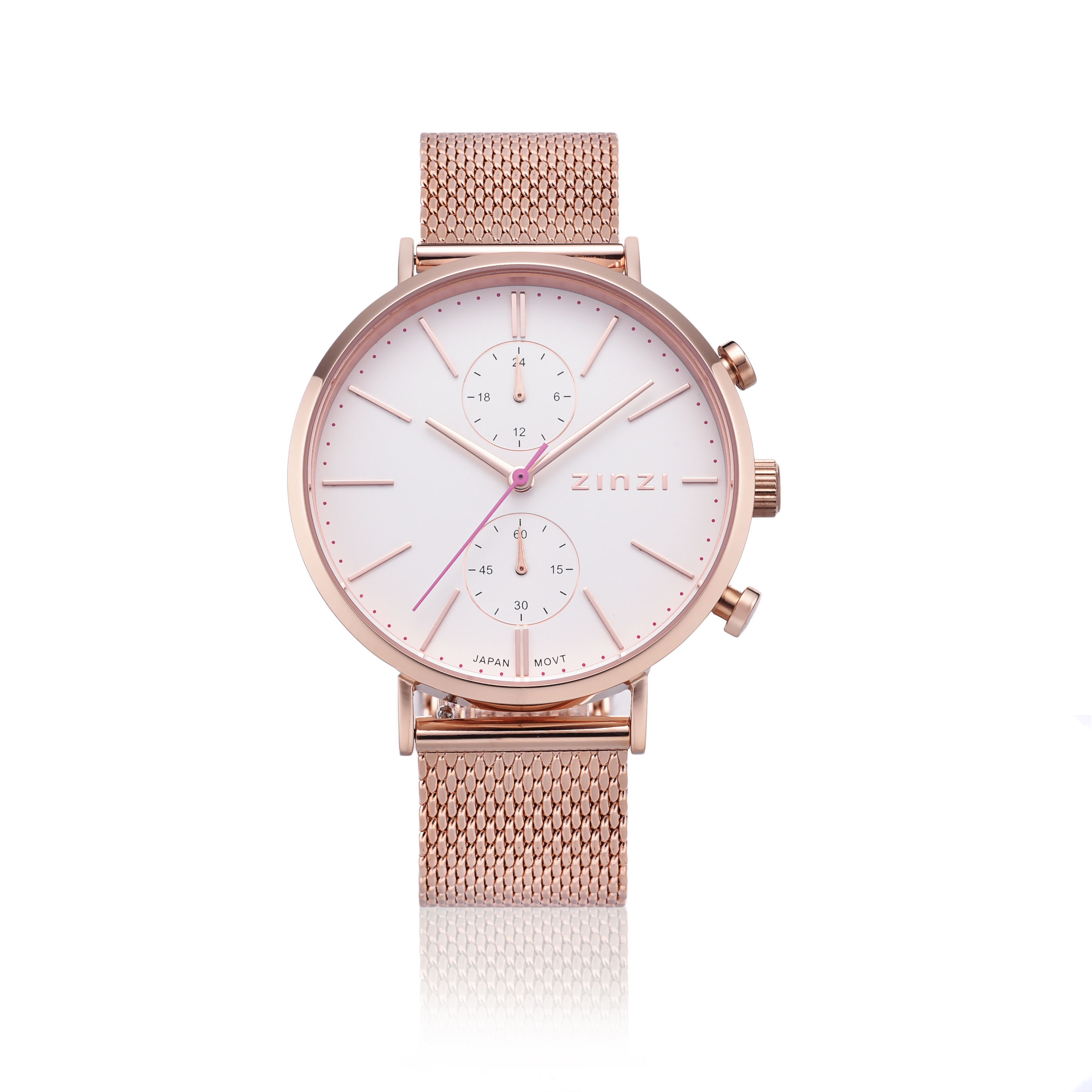 ZINZI Traveller horloge witte wijzerplaat en roségoudkleurige kast stalen mesh band roségoudkleurig 39mm dual time ZIW708M