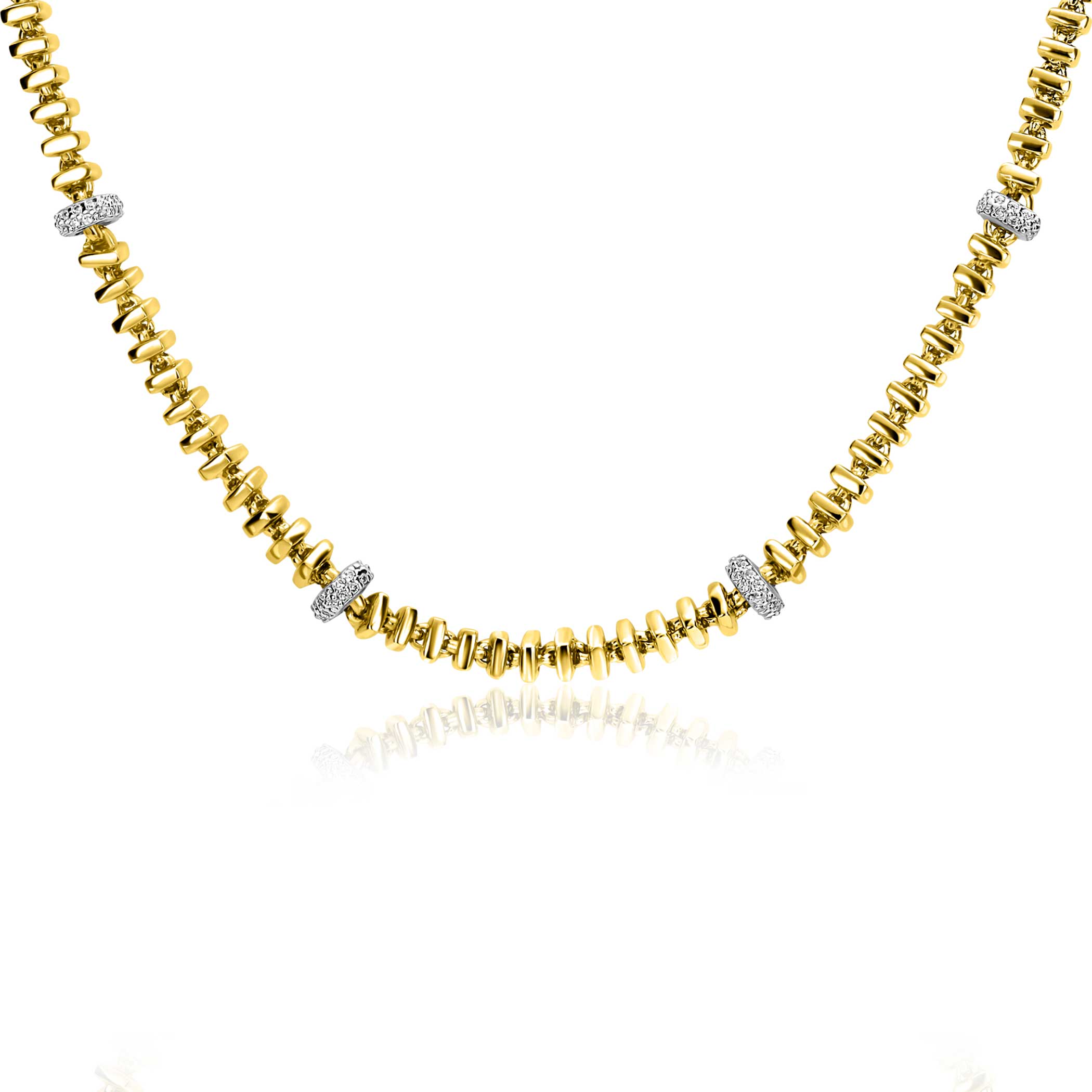 ZINZI gold plated zilveren vierkante schakel ketting 6mm breed afwisselend bezet met witte zirkonia's 45cm ZIC2678Y