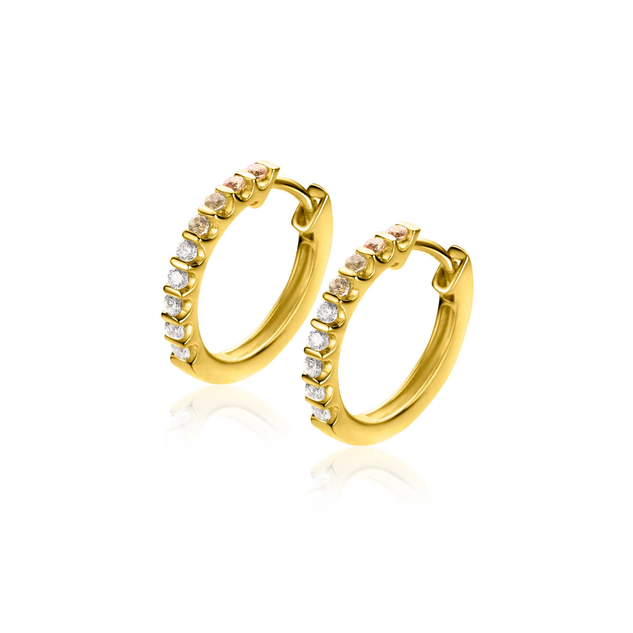 15mm ZINZI gold plated zilveren oorringen bezet met champagne, peridot en witte zirconia's met luxe klapsluiting ZIO2612