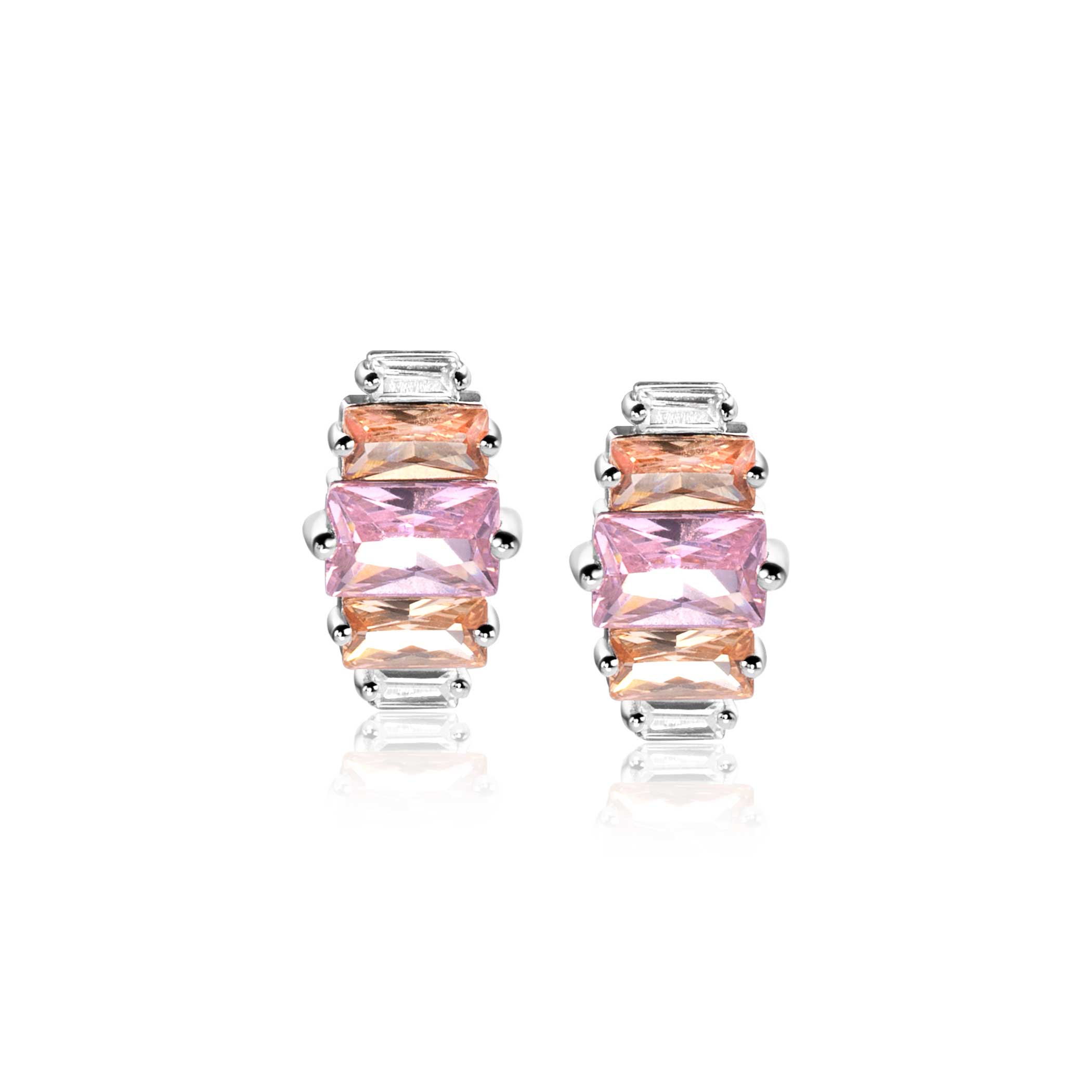 13mm ZINZI zilveren oorstekers baguette geslepen zirconia's wit, champagne en roze ZIO2490