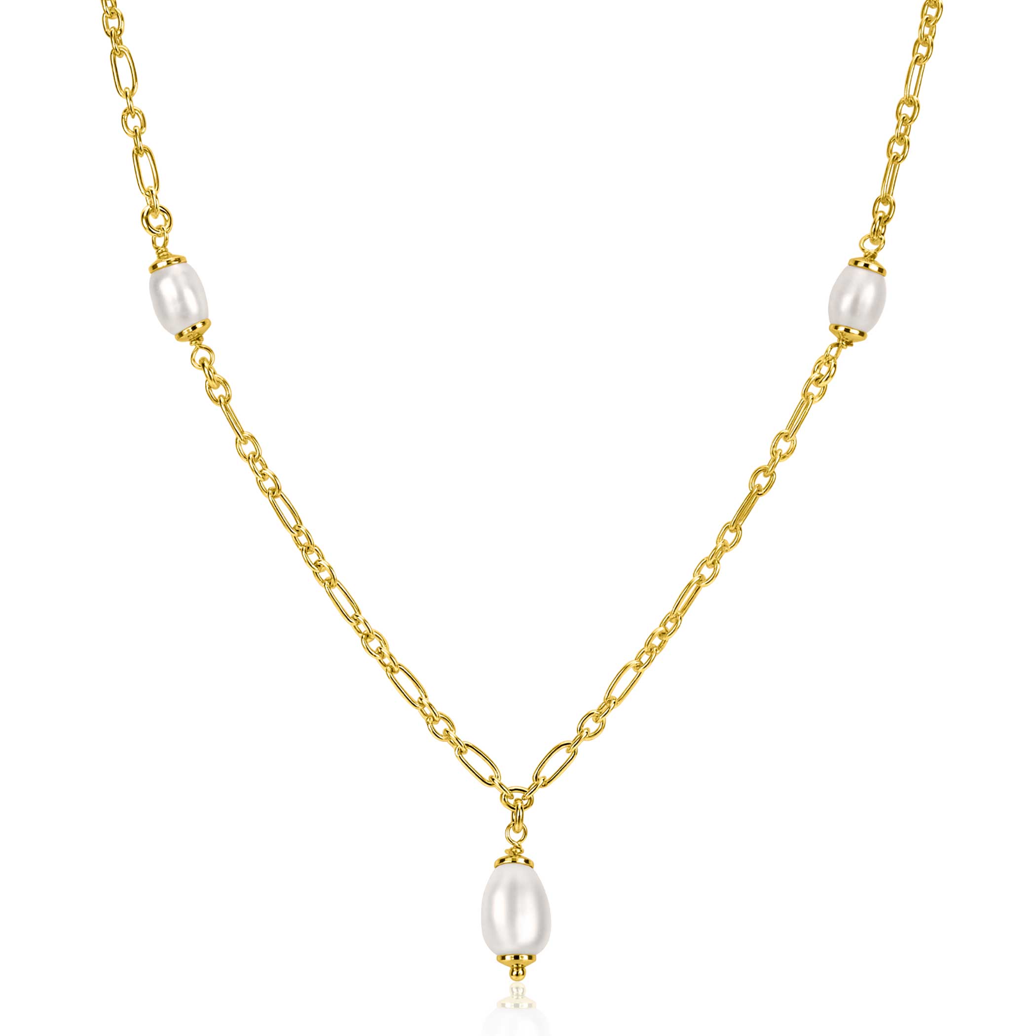 ZINZI gold plated zilveren schakelketting met drie ovale witte zoetwaterparels 40-45cm ZIC2588