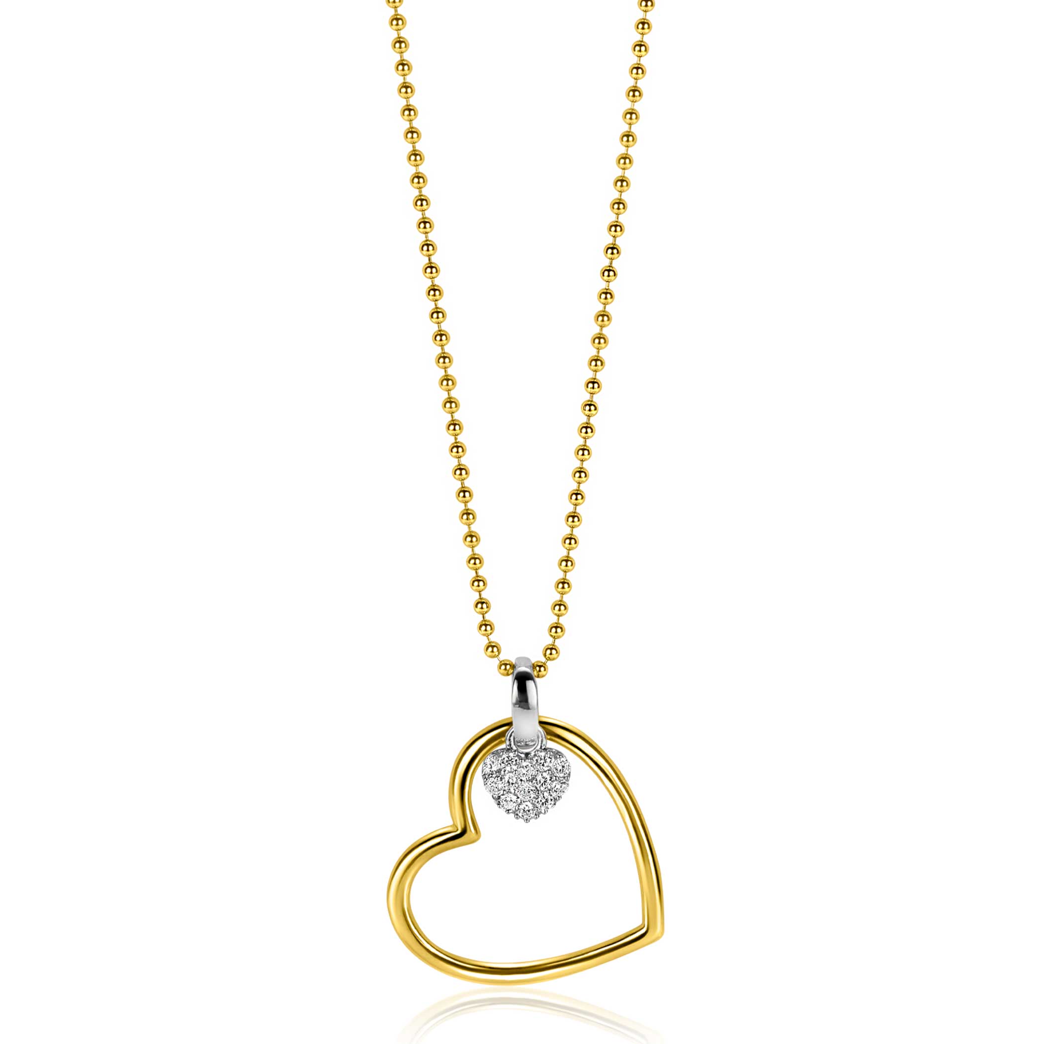 ZINZI gold plated zilveren bolletjes ketting met grote open hart hanger 20mm en bungelend luxe hartje 45-48cm ZIC2621