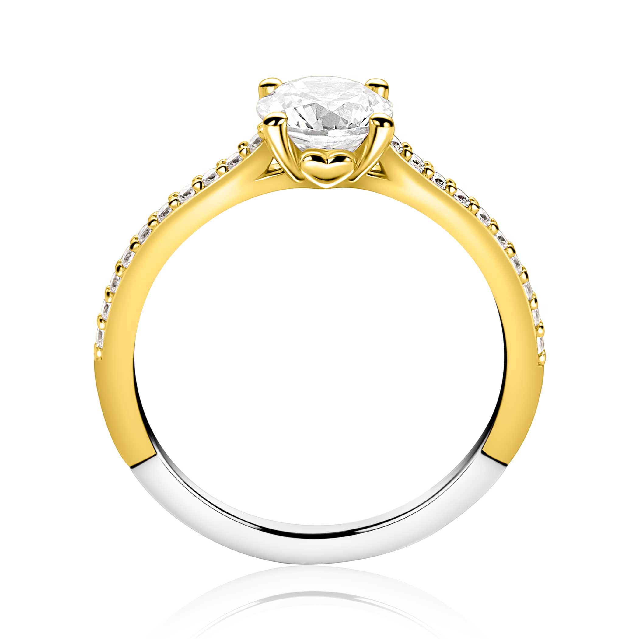 ZINZI gold plated zilveren verlovingsring met een grote ronde witte zirkonia (6,5mm) in vierpootszetting en klein hartje aan de zijkant ZIR2696Y