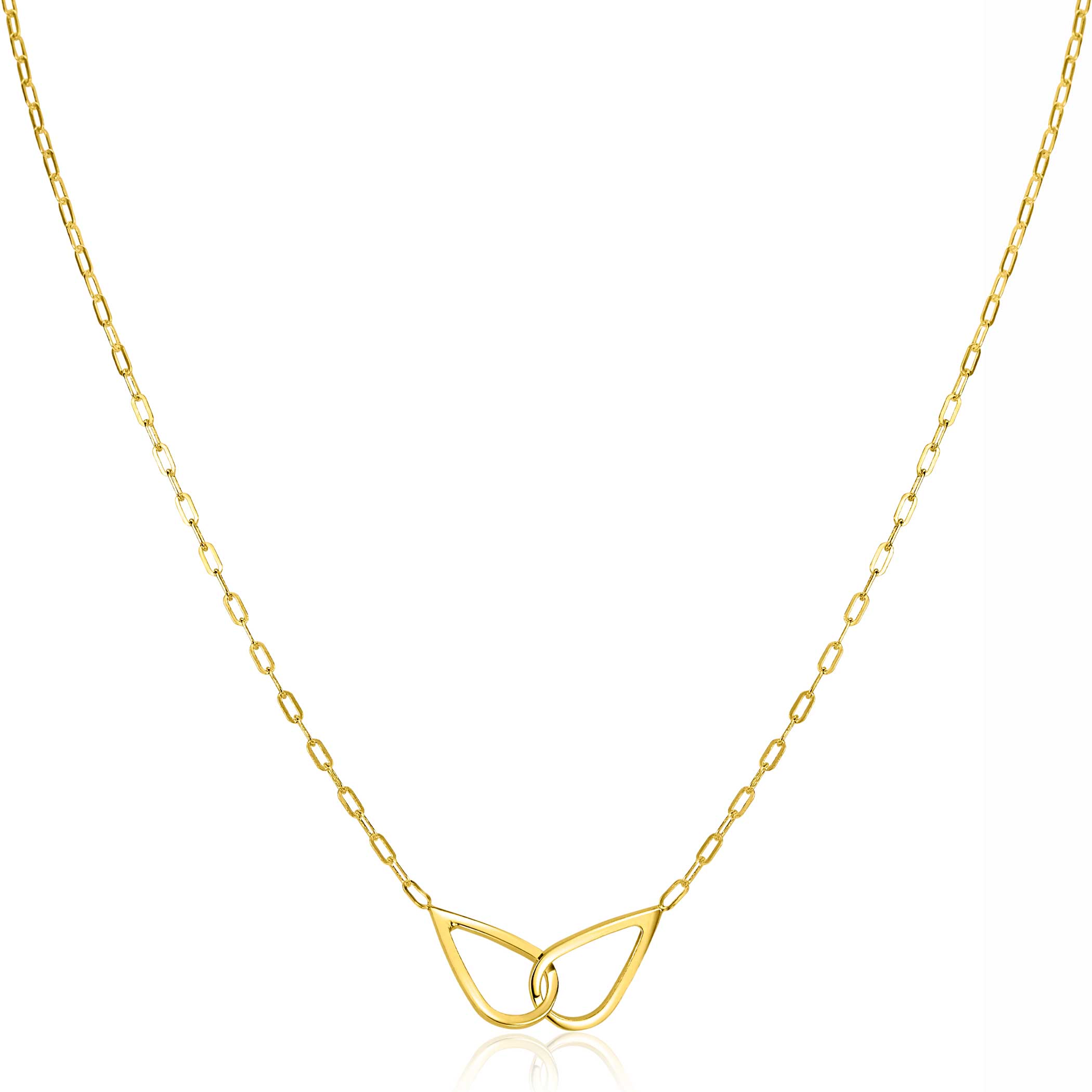 ZINZI gold plated zilveren ketting met paperclip-schakels, waarbij in het midden twee druppelvormen mooi met elkaar verbonden zijn 42-45cm ZIC2634