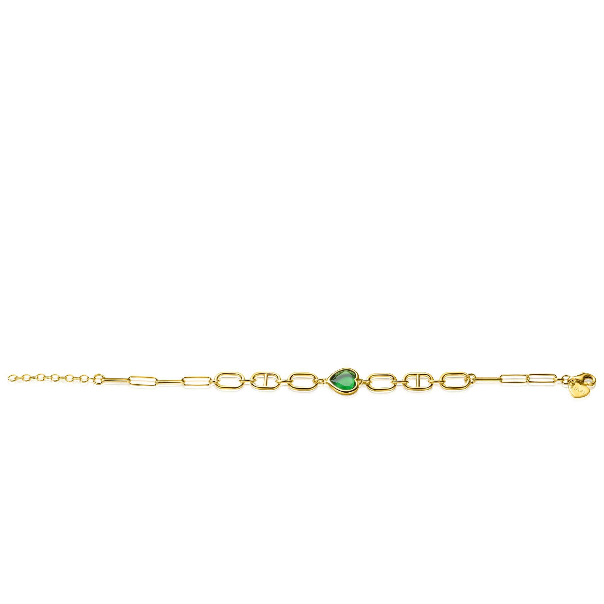 ZINZI gold plated zilveren armband met trendy ovale en marine schakels, groot hartje bezet met groene kleursteen 16,5-19,5cm ZIA-BF68