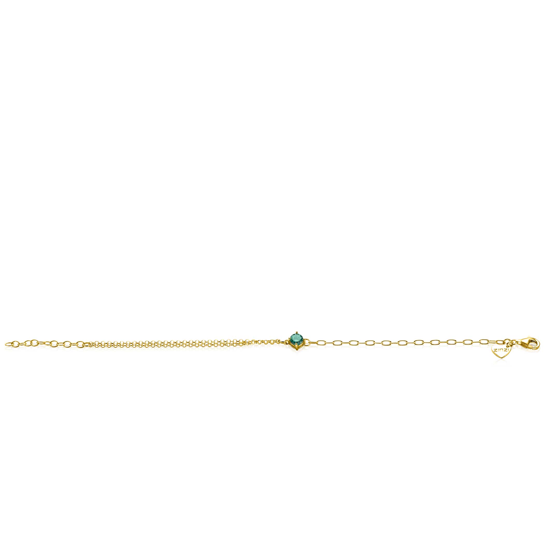 ZINZI gold plated zilveren multi-look armband met ovale en jasseron schakels, met ronde groene kleursteen in vierpootszetting 17-19cm ZIA2660G