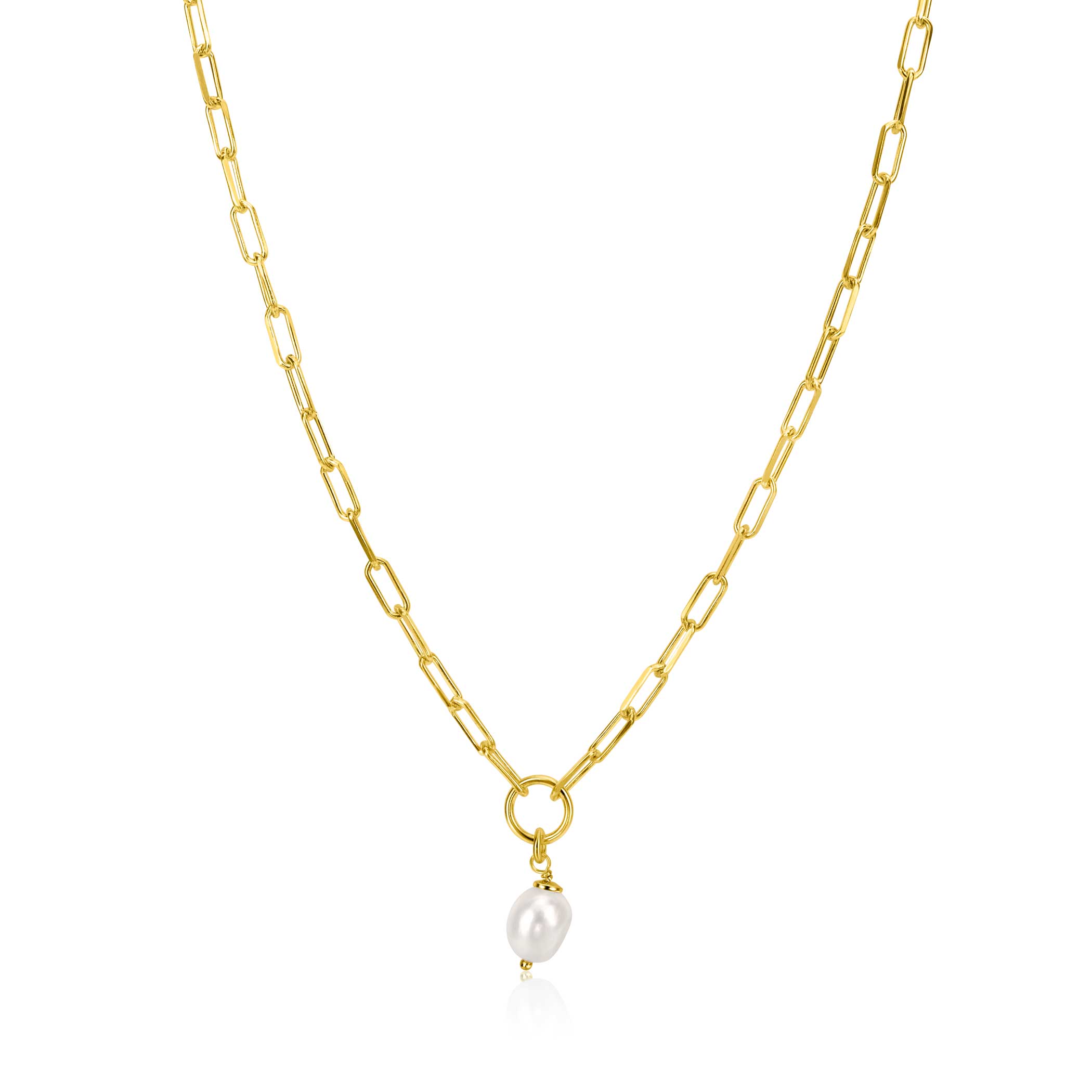 ZINZI gold plated zilveren paperclip schakel ketting met open rondje en witte zoetwaterparel 42-45cm ZIC-BF100