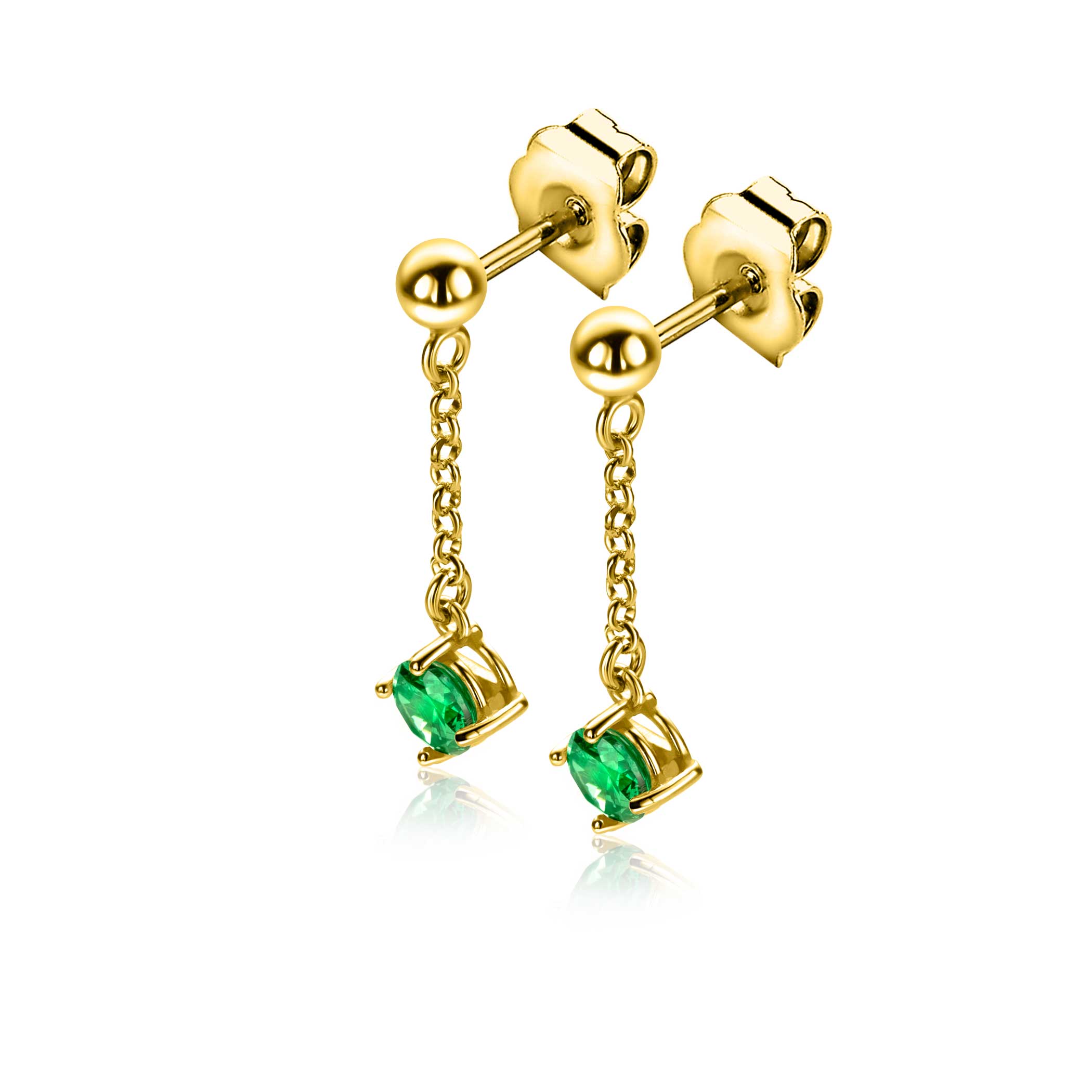 26mm ZINZI gold plated zilveren oorstekers met kettinkje en een bungelende ronde groene kleursteen ZIO2660G