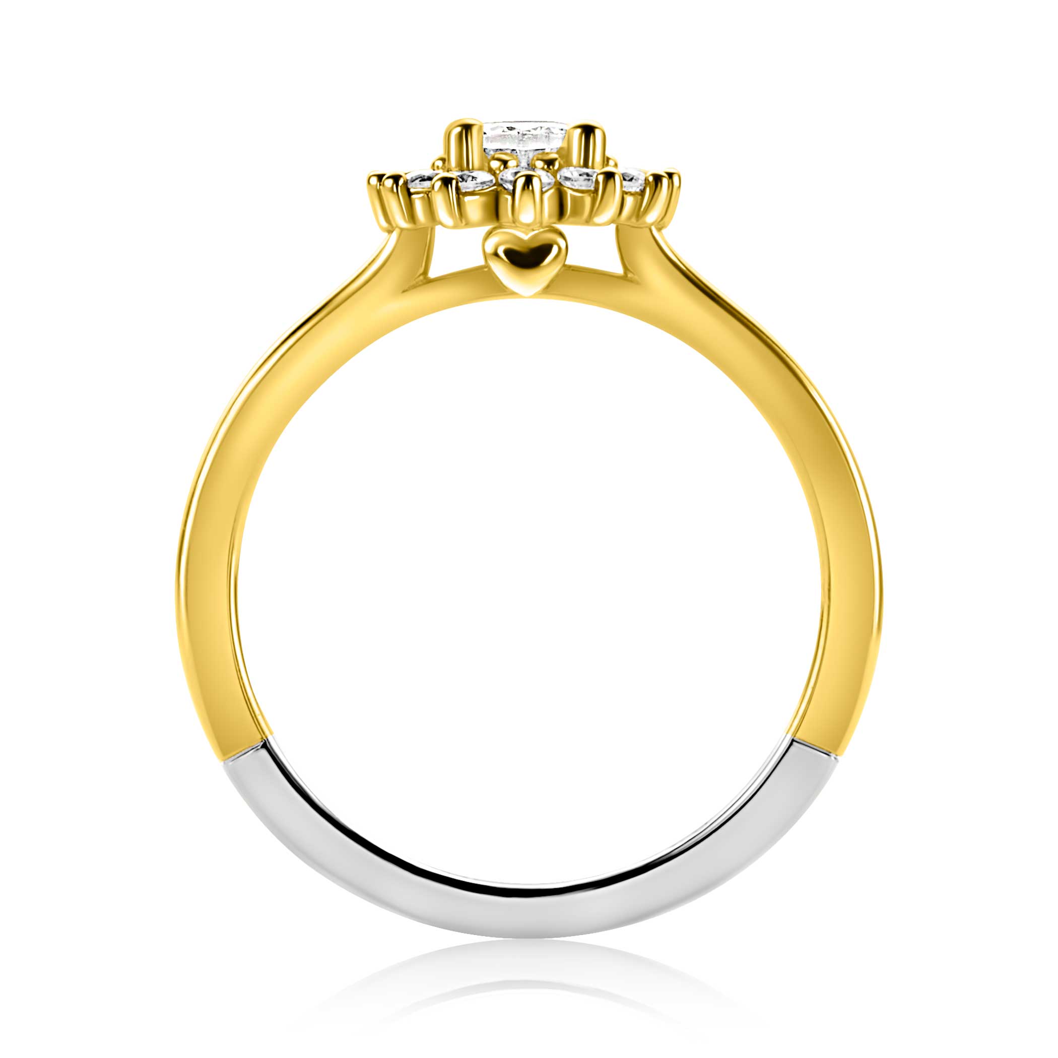 ZINZI gold plated zilveren entourage verlovingsring met een grote ovale witte zirkonia (11mm) en klein hartje aan de zijkant ZIR2699Y