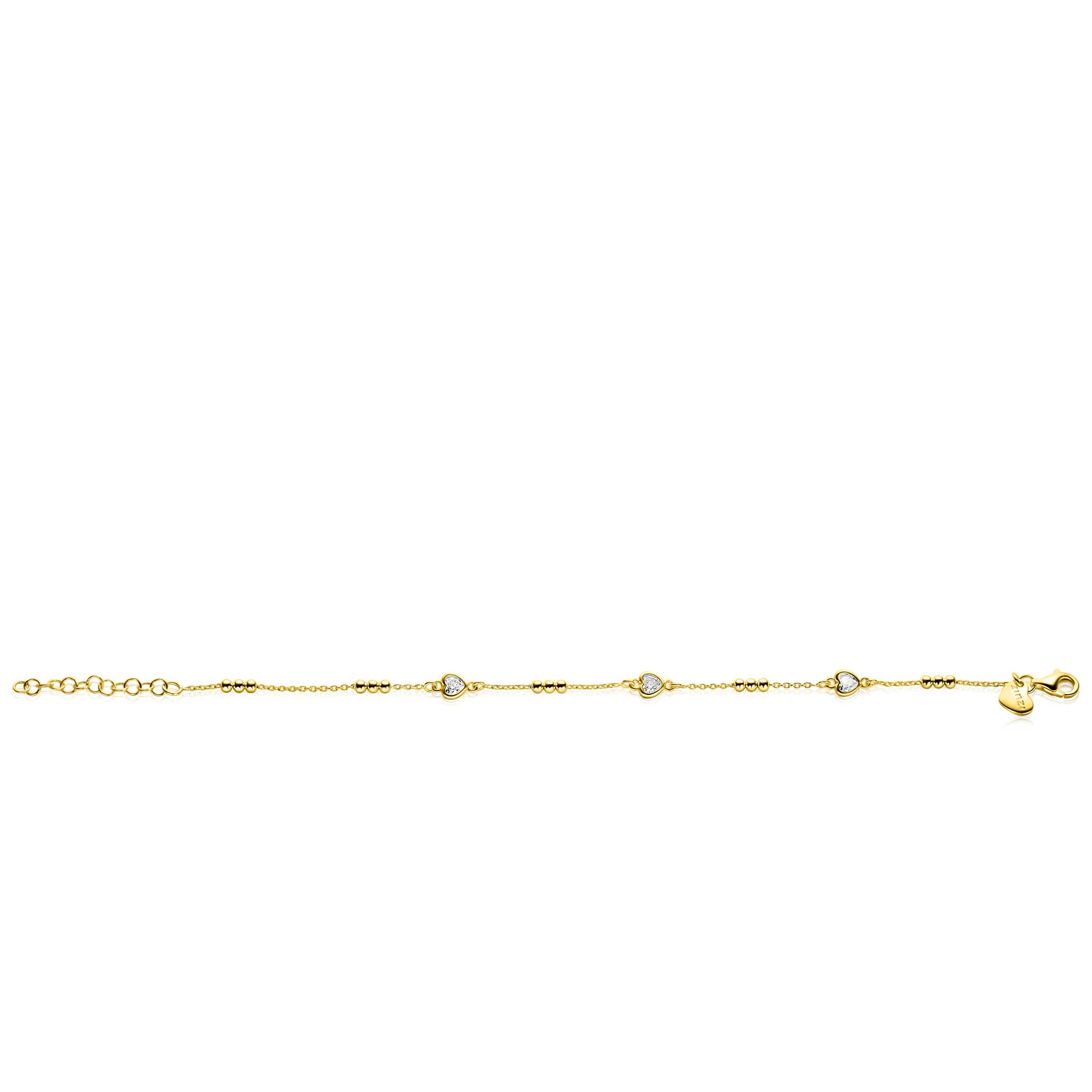 ZINZI gold plated zilveren schakelarmband met trio-bolletjes en drie hartvormige zirkonia's 17-20cm ZIA2679