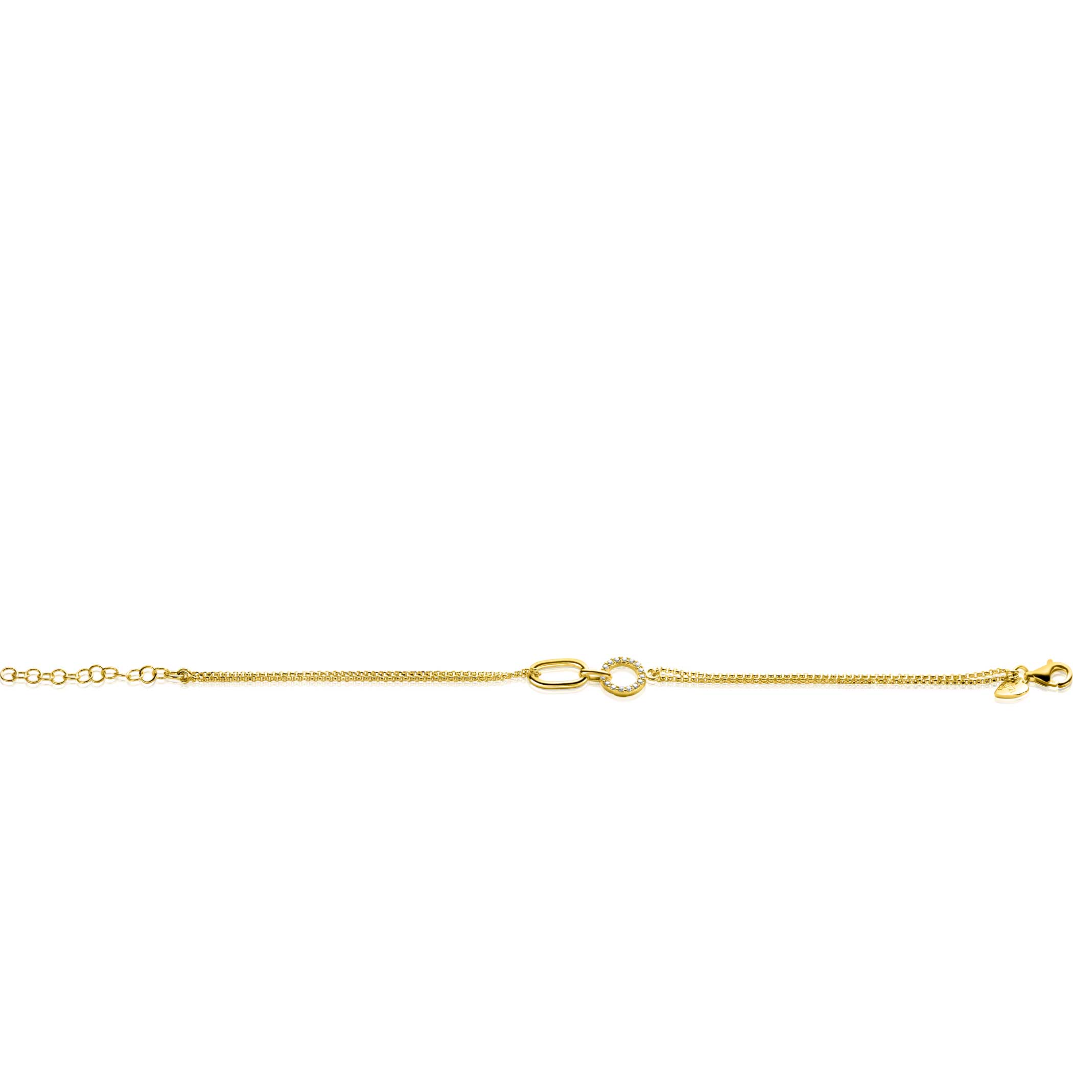 ZINZI gold plated zilveren multi-look armband met twee kettinkjes, verbonden aan een ovale schakel en open rondje bezet met witte zirconia's 17-20cm ZIA2463Y