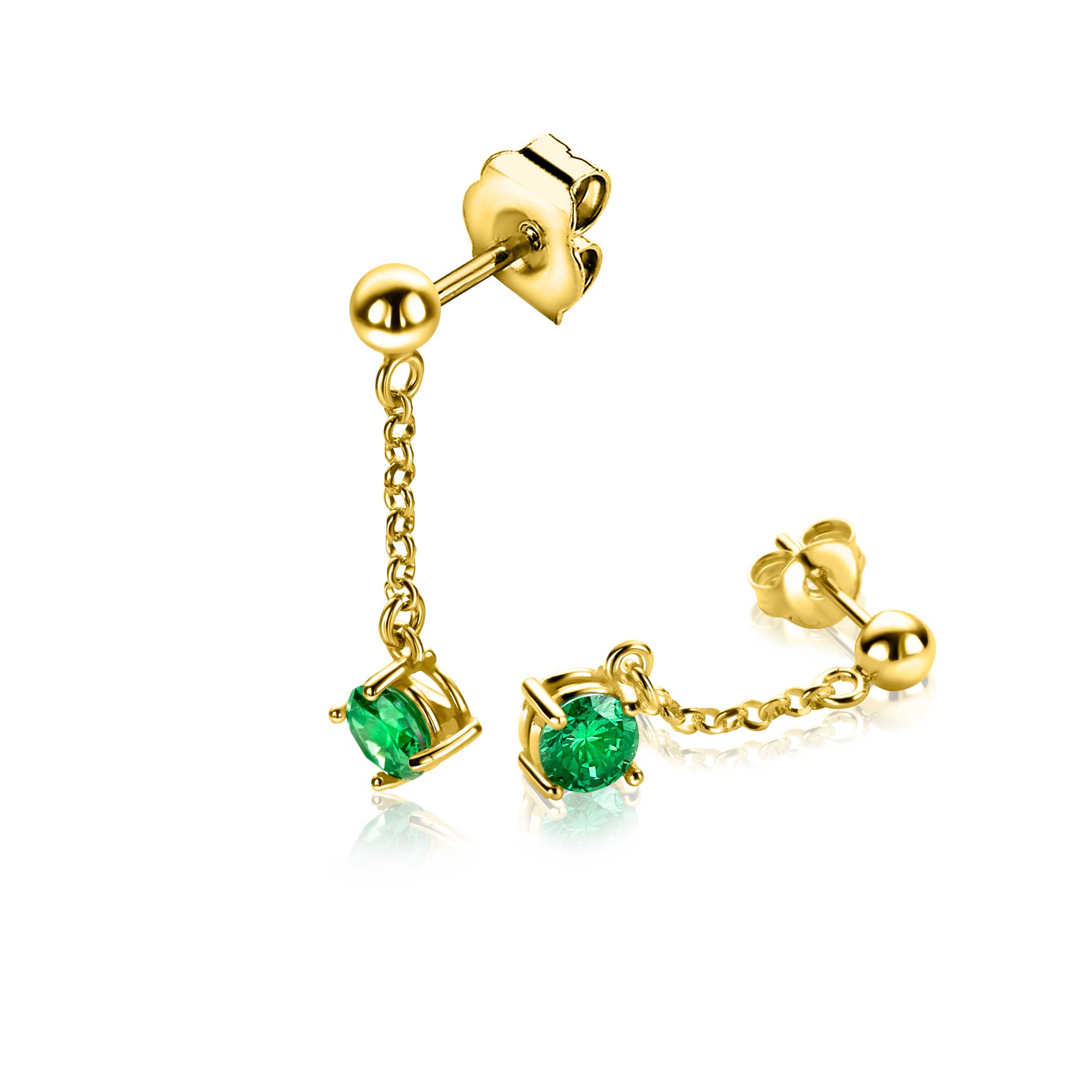 26mm ZINZI gold plated zilveren oorstekers met kettinkje en een bungelende ronde groene kleursteen ZIO2660G