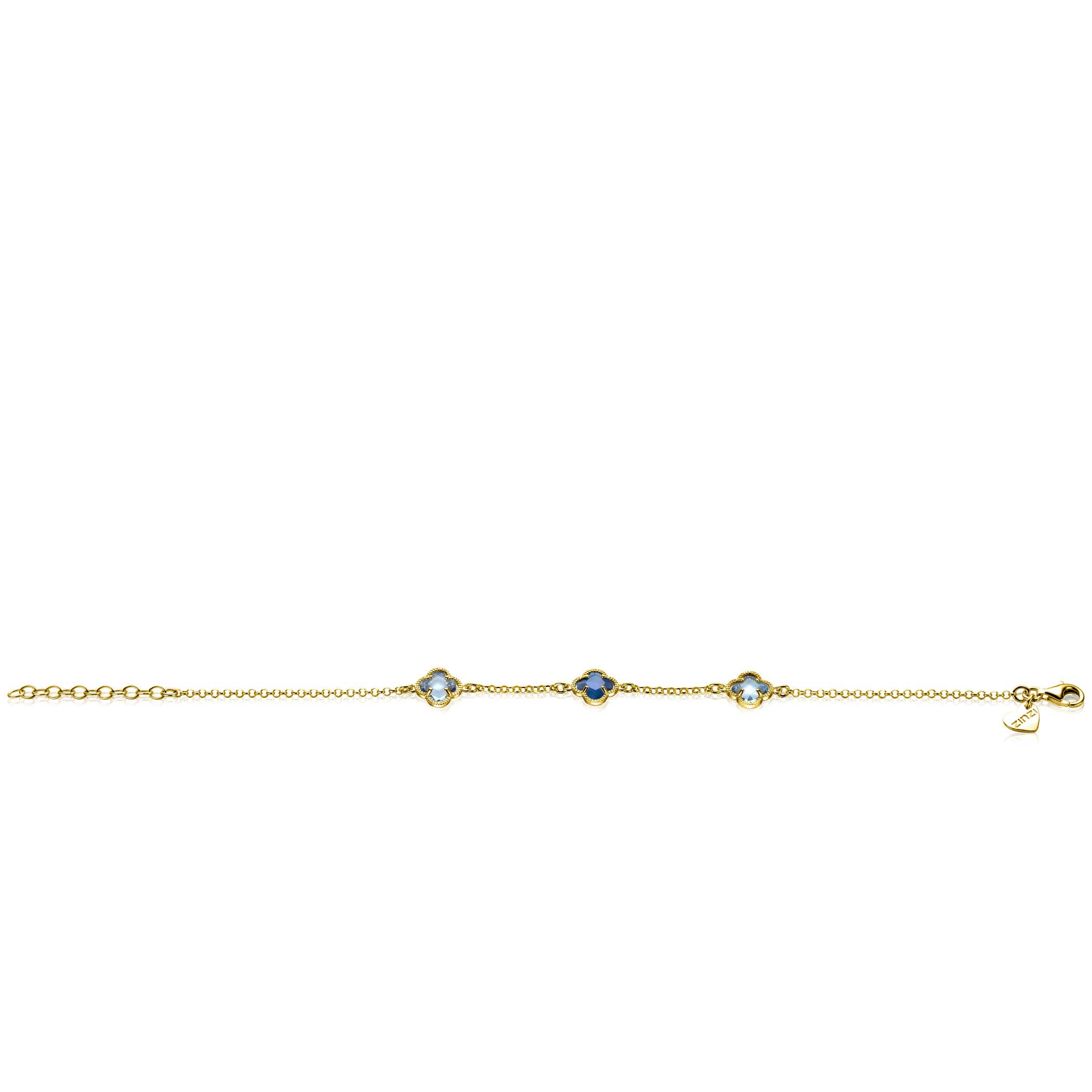 ZINZI gold plated zilveren schakel armband met twee lichtblauwe klavers en een donkerblauwe klaver in het midden 17-20cm ZIA2662B