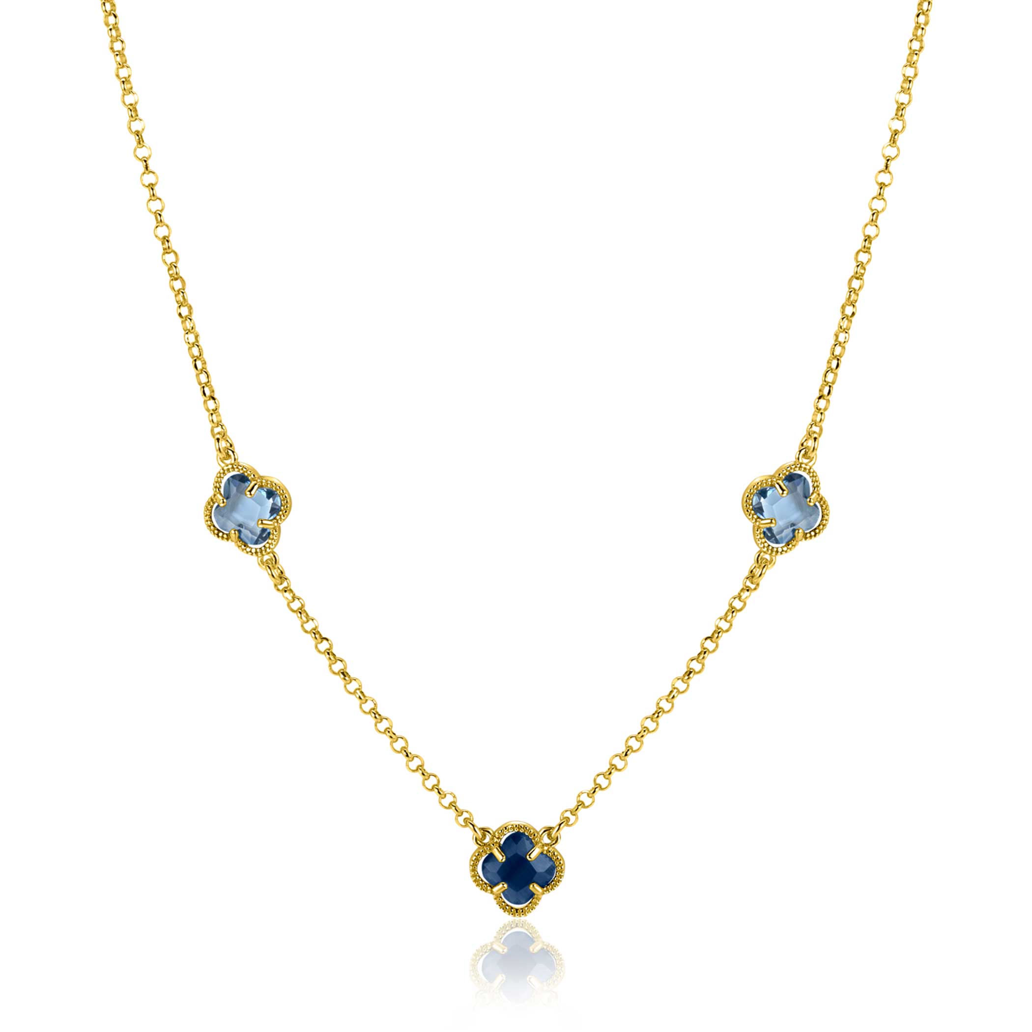 ZINZI gold plated zilveren schakelketting met twee lichtblauwe klavers en een donkerblauwe klaver 42-45cm ZIC2662B