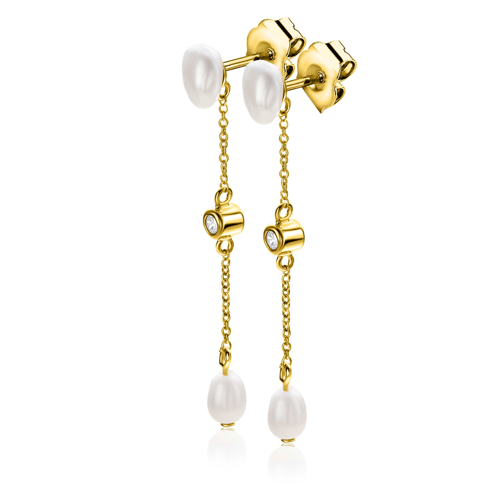 40mm ZINZI gold plated zilveren oorstekers met kettinkje en ovale witte zoetwaterparels ZIO2657