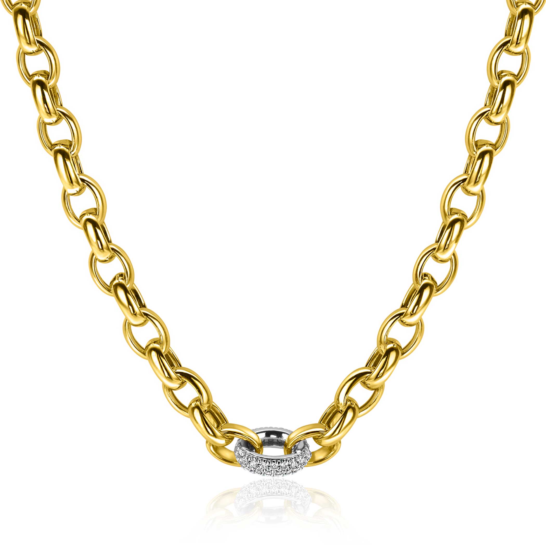 ZINZI gold plated zilveren schakel ketting met een ronde schakel bezet met witte zirkonia's 6mm breed 45cm ZIC2664