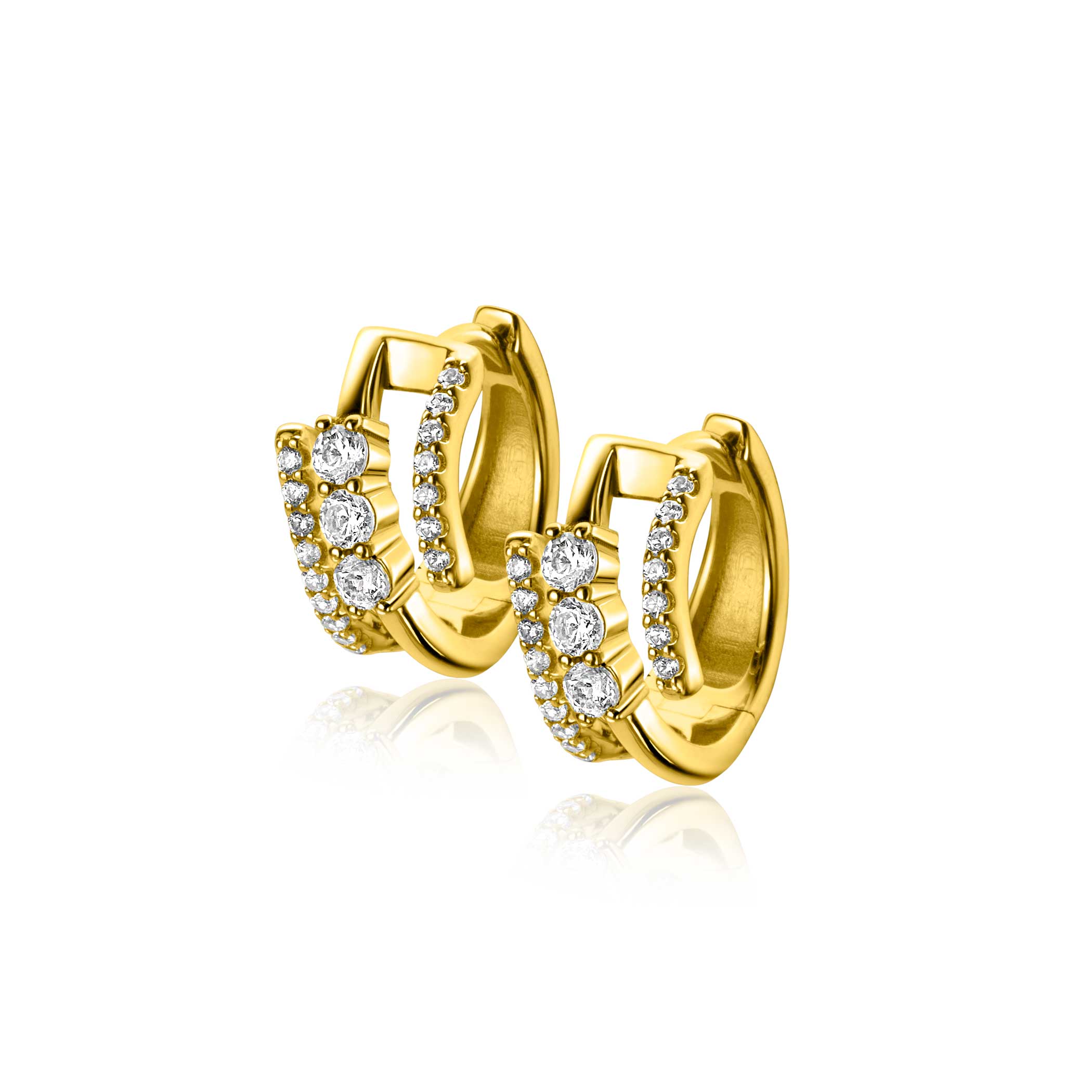 16mm ZINZI gold plated zilveren multi-look oorringen met 3 rijen, bezet met witte zirconia's 9mm breed met luxe klapsluiting ZIO2645Y