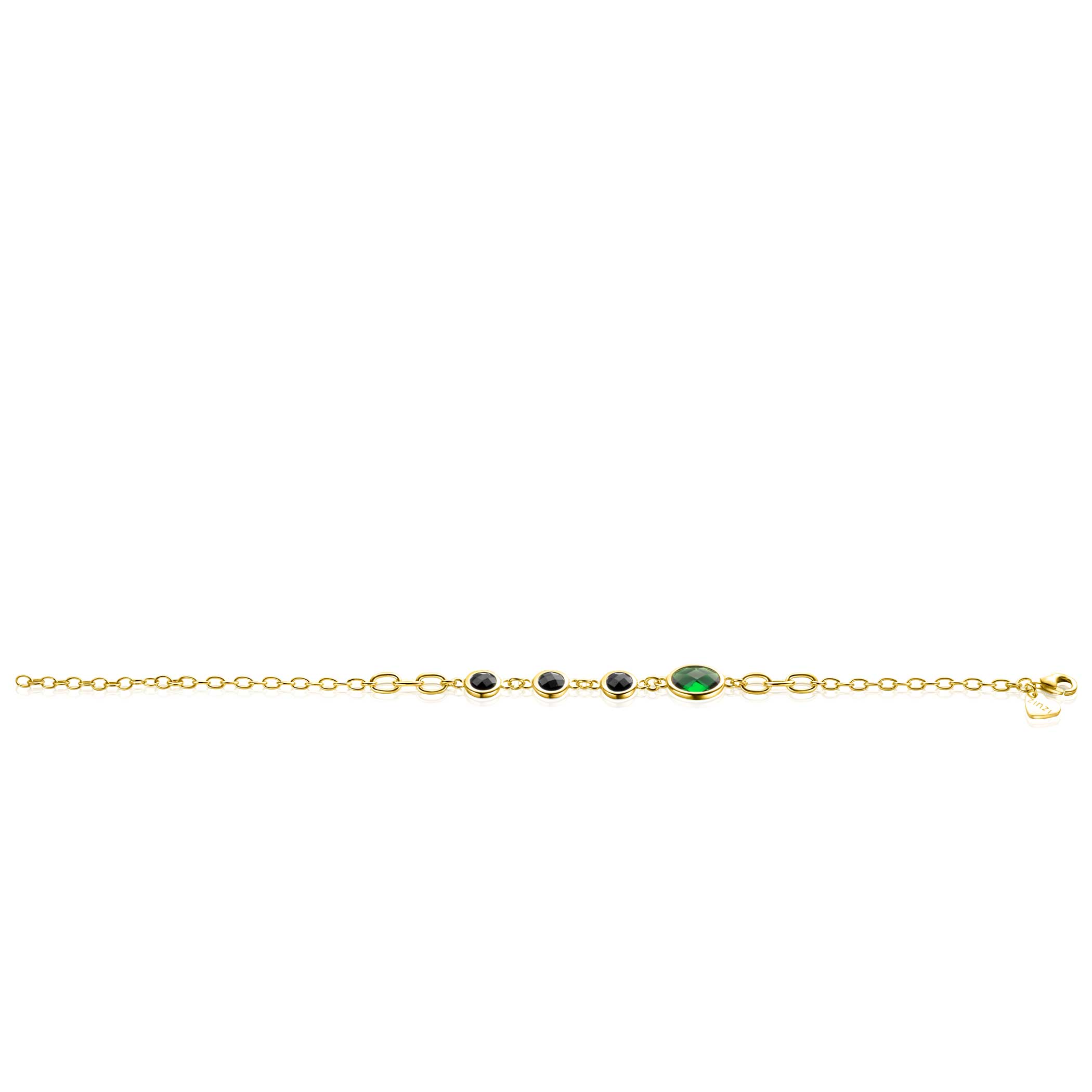 ZINZI gold plated zilveren schakel armband met drie ronde zettingen zwart en ovale zetting groen 17-20 cm ZIA2389