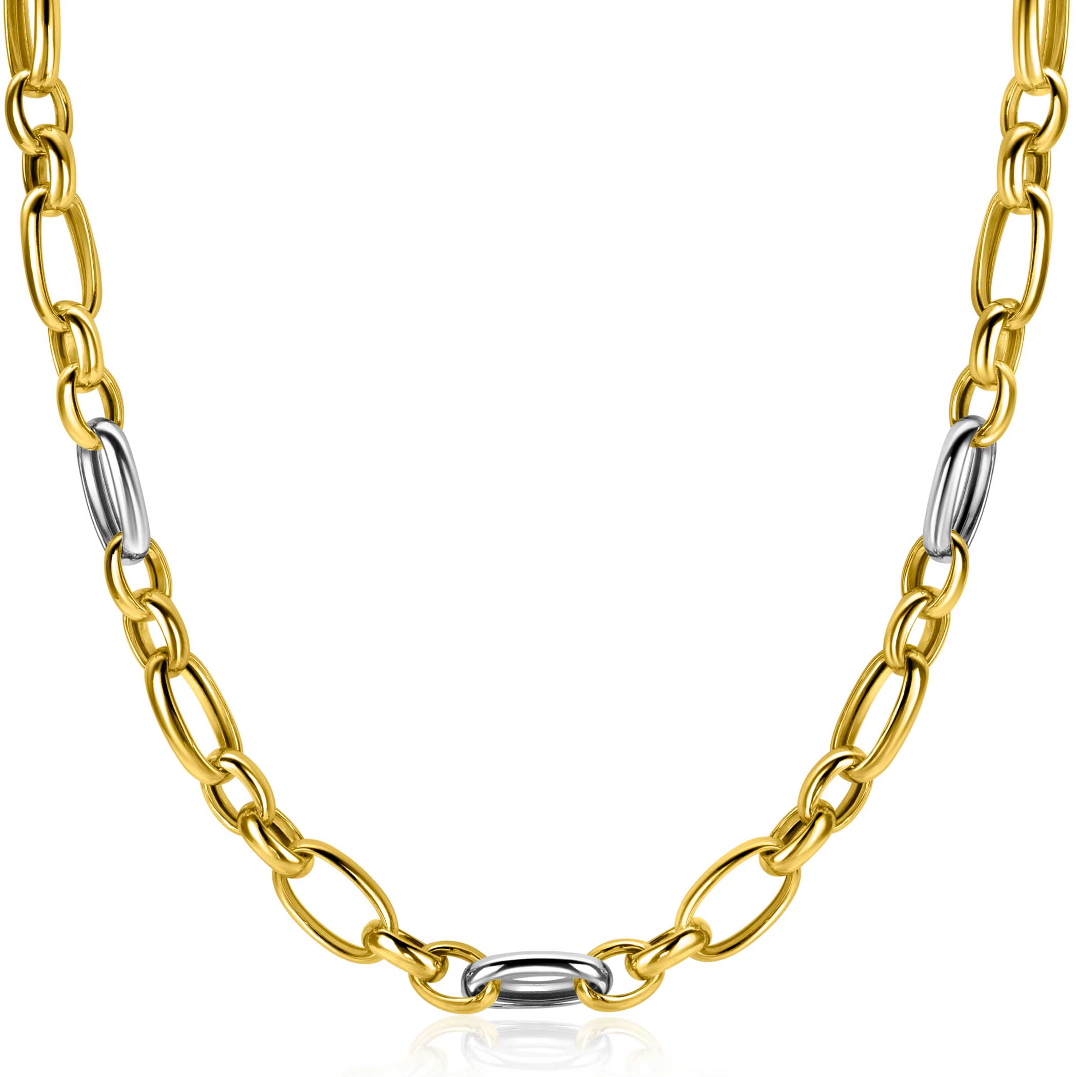 ZINZI bicolor schakelketting (7mm breed) met afwisselend gold plated jasseron schakels en grote zilveren ovale schakels 45cm ZIC2639