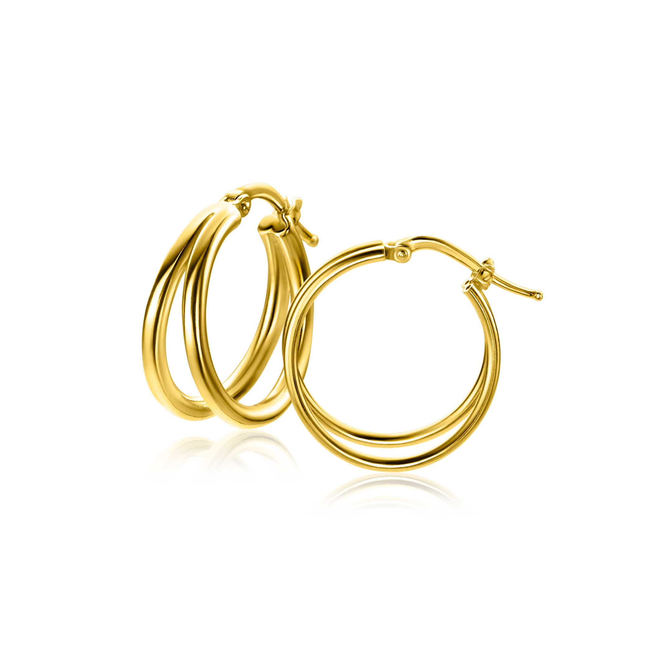 19mm ZINZI gold plated zilveren multi-look oorringen met een trendy dubbele buis en handige bovensluiting ZIO-BF113G