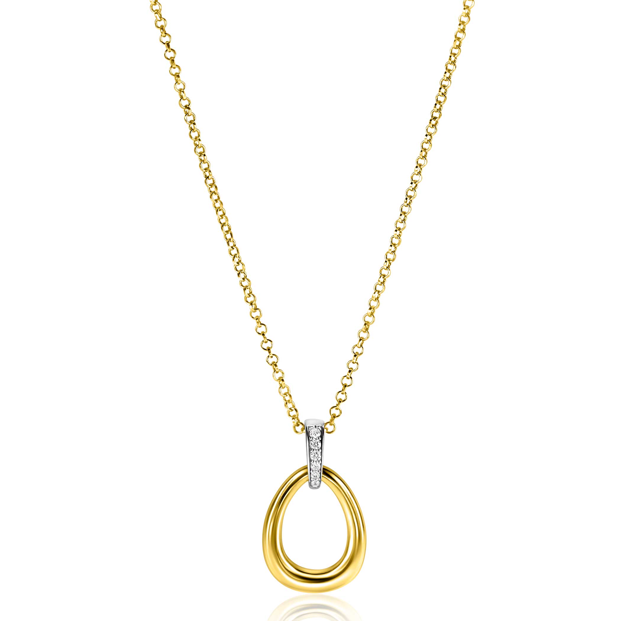 26mm ZINZI gold plated zilveren bicolor hanger druppelvorm glad met witte zirconia's ZIH1709Y (zonder collier)