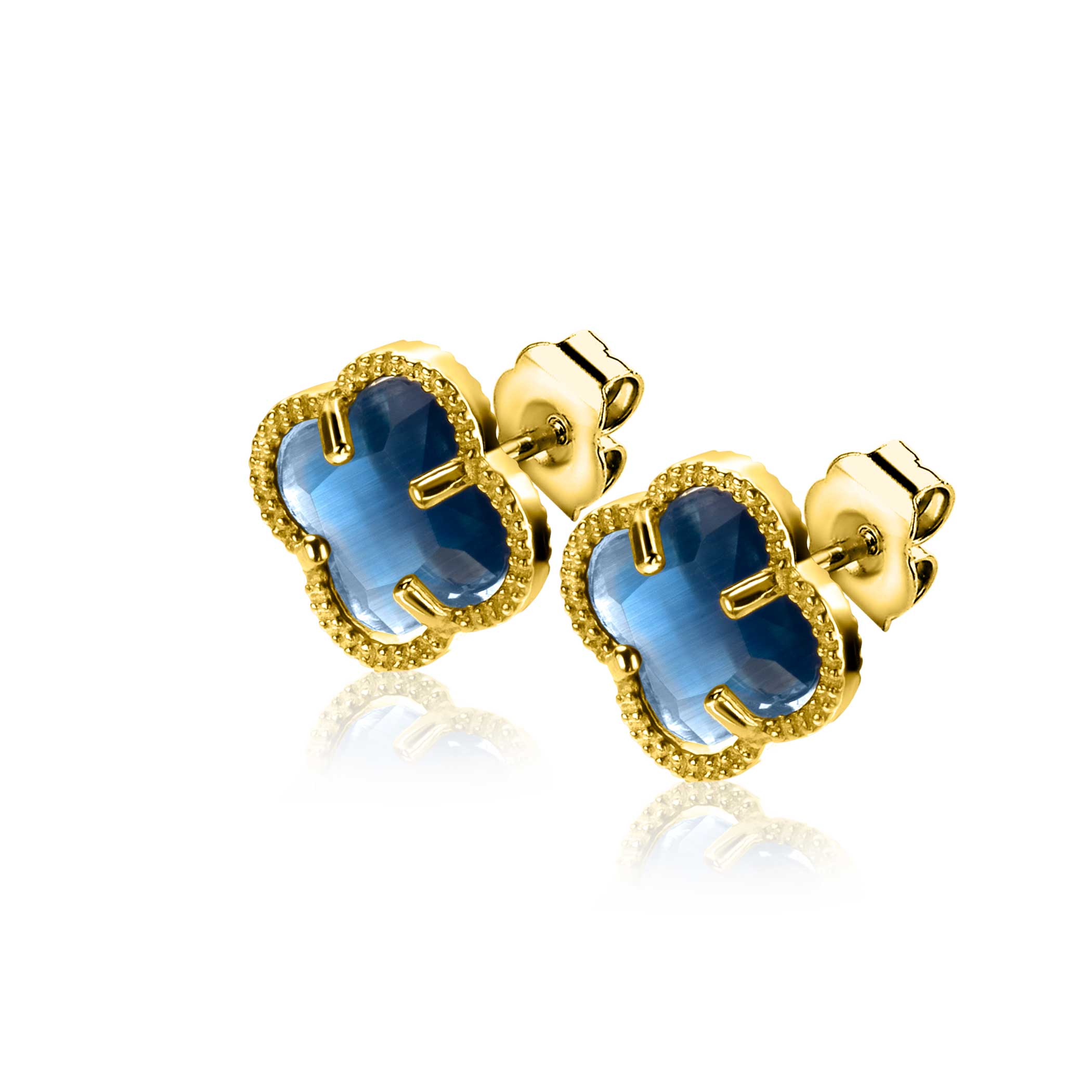 9mm ZINZI gold plated zilveren oorstekers in klaver vorm met donkerblauwe kleursteen ZIO2662DB