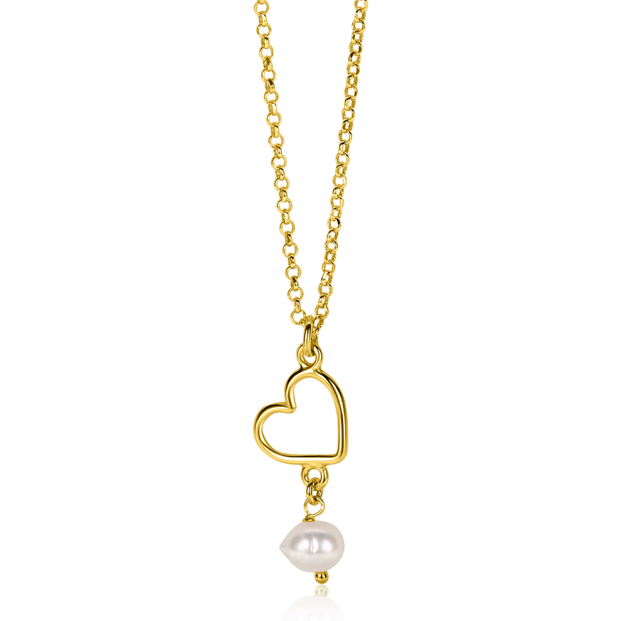 ZINZI gold plated zilveren ketting met open hartje en bungelend witte zoetwaterparel 40-45cm ZIC2642