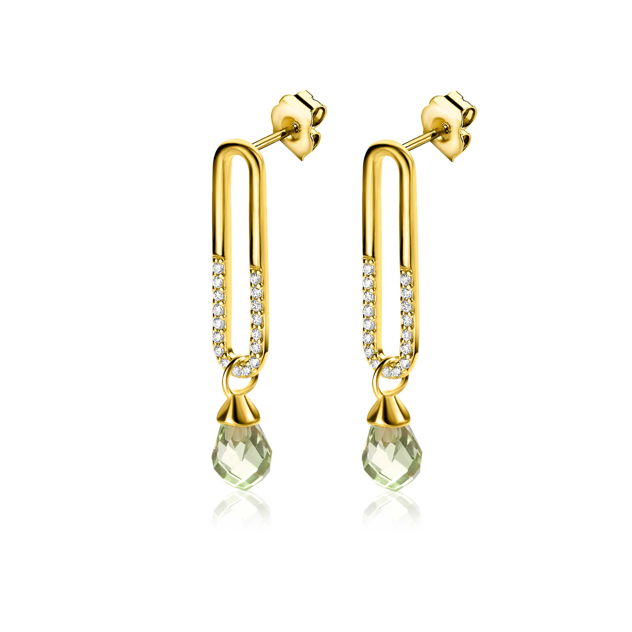 30mm ZINZI gold plated zilveren oorstekers met trendy open ovale vorm en peervormige hanger groen peridot ZIO2430