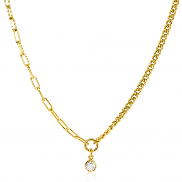 ZINZI gold plated zilveren ketting met twee trendy schakels gecombineerd: gourmet en paperclip schakels. Met in het midden een bungelende witte zirconia 40-45cm ZIC2480