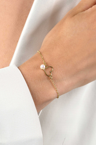 ZINZI gold plated zilveren armband met open hartje en bungelend witte zoetwaterparel 16-19cm ZIA2642