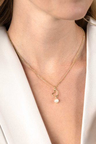 ZINZI gold plated zilveren ketting met open hartje en bungelend witte zoetwaterparel 40-45cm ZIC2642