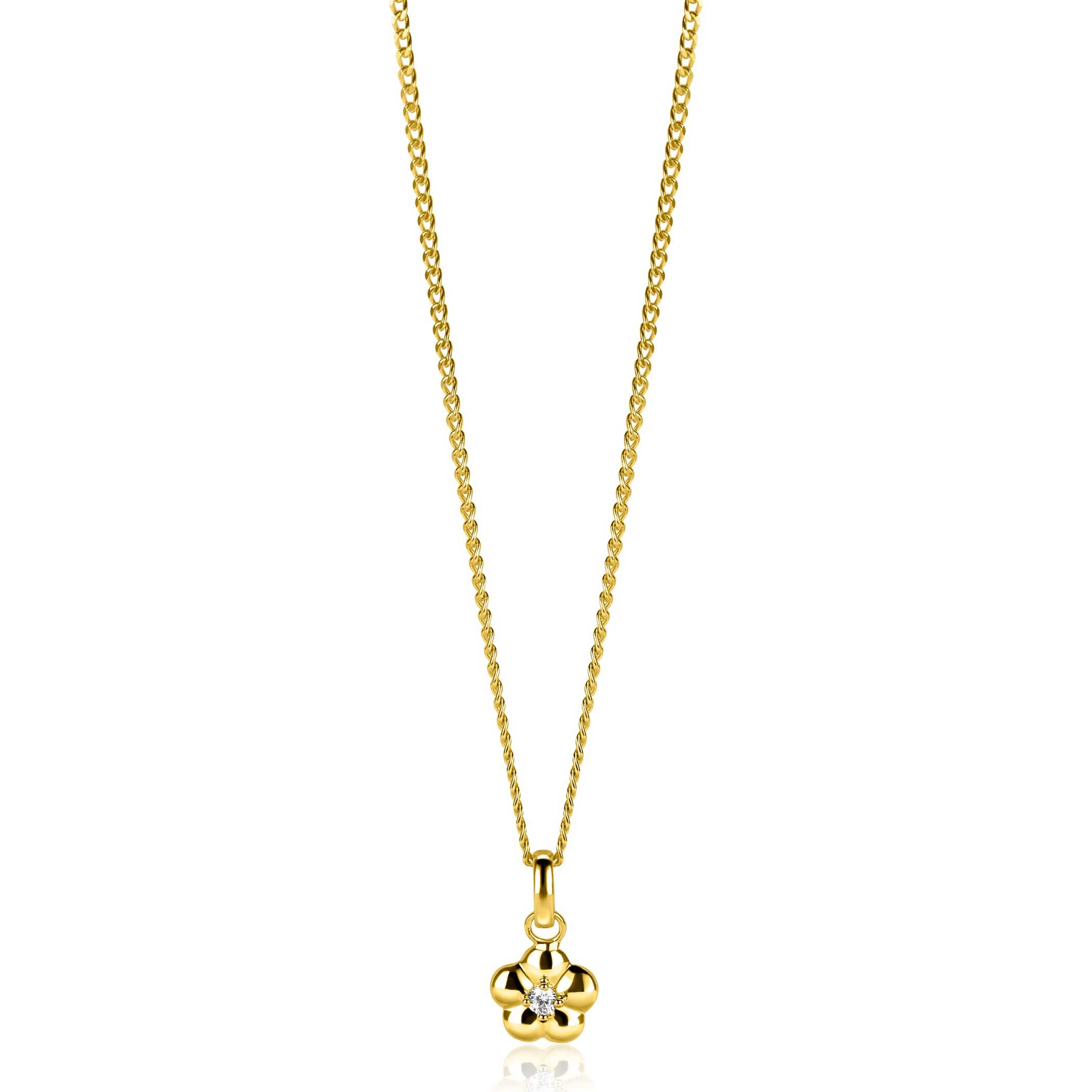 16mm ZINZI gold plated zilveren bloem hanger, bezet met witte zirconia ZIH2620 (zonder collier)