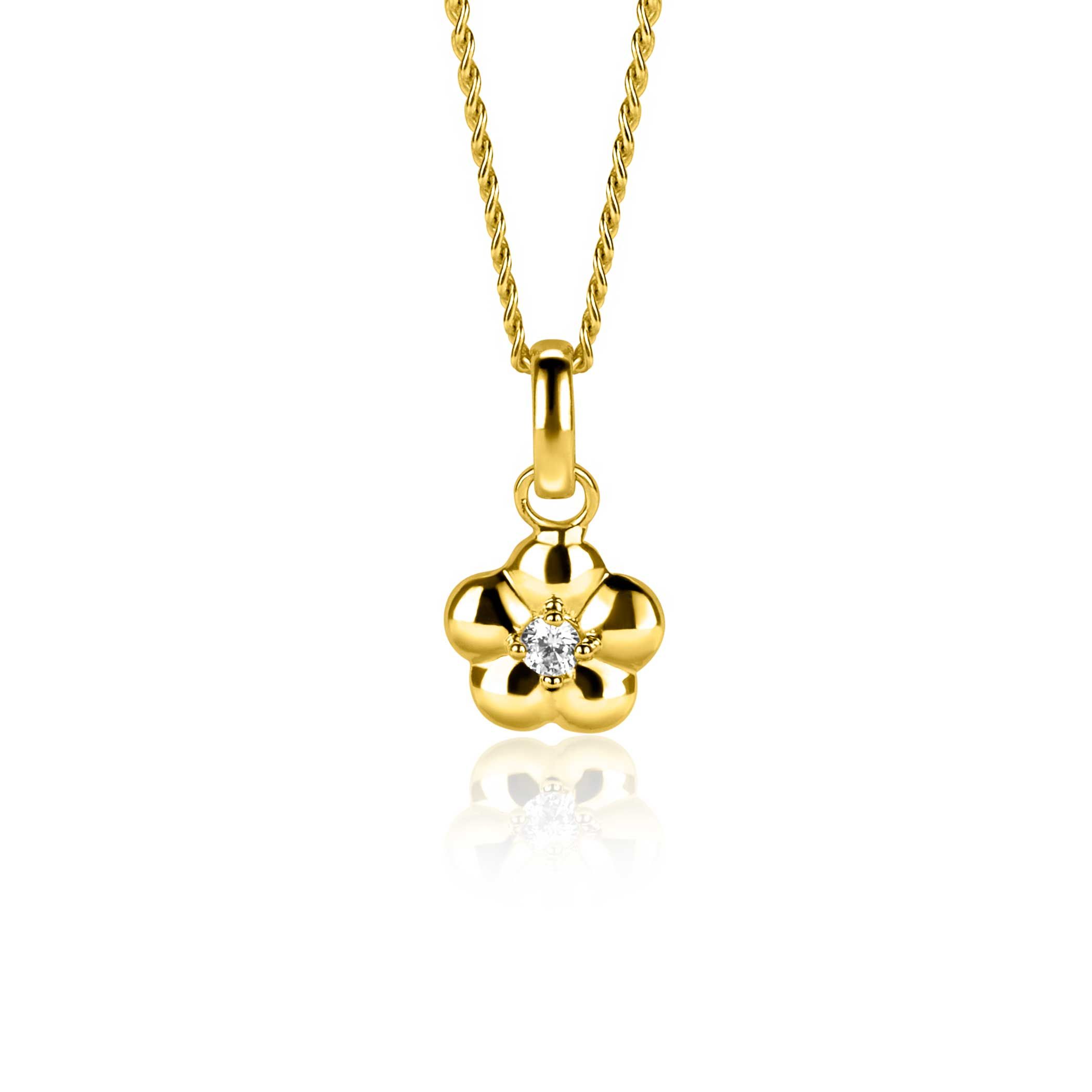 16mm ZINZI gold plated zilveren bloem hanger, bezet met witte zirconia ZIH2620 (zonder collier)