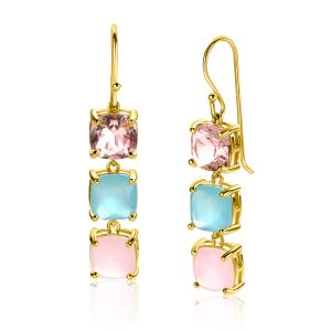 43mm ZINZI gold plated zilveren oorhangers met drie trendy vierkante kleurstenen in roze en turquoise ZIO2454