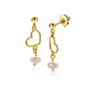 30mm ZINZI gold plated zilveren oorstekers met open hartje en bungelend witte zoetwaterparel ZIO2642