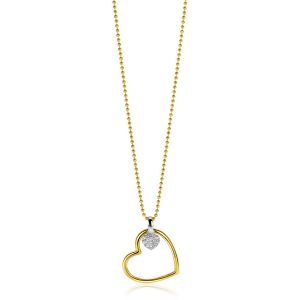 ZINZI gold plated zilveren bolletjes ketting met grote open hart hanger 20mm en bungelend luxe hartje 45-48cm ZIC2621