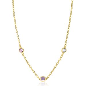 ZINZI gold plated zilveren schakelketting met ronde en vierkante zettingen pastel en paars 42-45cm ZIC2525G