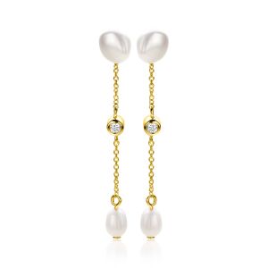 40mm ZINZI gold plated zilveren oorstekers met kettinkje en ovale witte zoetwaterparels ZIO2657