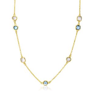 ZINZI gold plated zilveren ketting met ronde en vierkante zettingen jeansblauw en witgrijs 42-45cm ZIC2526G