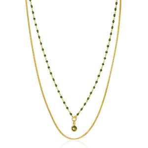 ZINZI gold plated zilveren multilook ketting met gourmet en groene bolletjes schakels, ronde zetting met olijfgroene kleursteen 42-45cm ZIC2528G