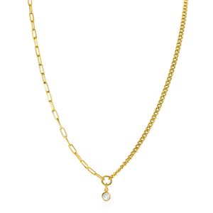 ZINZI gold plated zilveren ketting met twee trendy schakels gecombineerd: gourmet en paperclip schakels. Met in het midden een bungelende witte zirconia 40-45cm ZIC2480