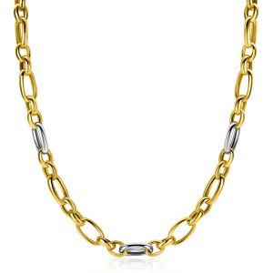 ZINZI bicolor schakelketting (7mm breed) met afwisselend gold plated jasseron schakels en grote zilveren ovale schakels 45cm ZIC2639