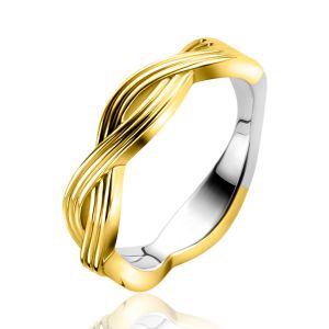 ZINZI gold plated zilveren ring (5mm breed) met een gevlochten Infinity teken in lijnen motief ZIR2684