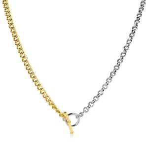 Zinzi zilveren bicolor ketting met trendy jasseron en gold plated gourmet schakels, met kapittel-sluiting 42-45cm ZIC2387