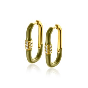 ZINZI gold plated zilveren oorringen 22x3mm rechthoekig olijfgroen emaille en witte zirconia's ZIO2374