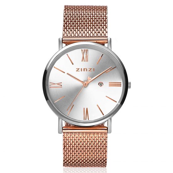 ZINZI Roman horloge zilver gekleurde wijzerplaat en kast met rosé wijzers en roségoudkleurige stalen mesh band 34mm extra dun ZIW512MR