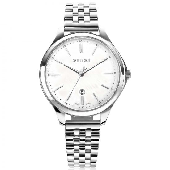 ZINZI Classy horloge 34mm witte parelmoer wijzerplaat stalen kast en band datum ziw1017
