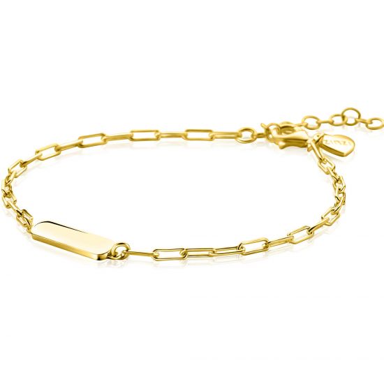 ZINZI gold plated zilveren armband met paperclip-schakels en glanzend rechthoekig plaatje om te graveren 16,5-19,5cm ZIA2530G